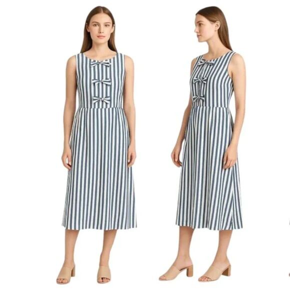 Blue White Striped Joie Bow Detail Sleeveless Midi Dress (NWT) - Picture 1 of 3